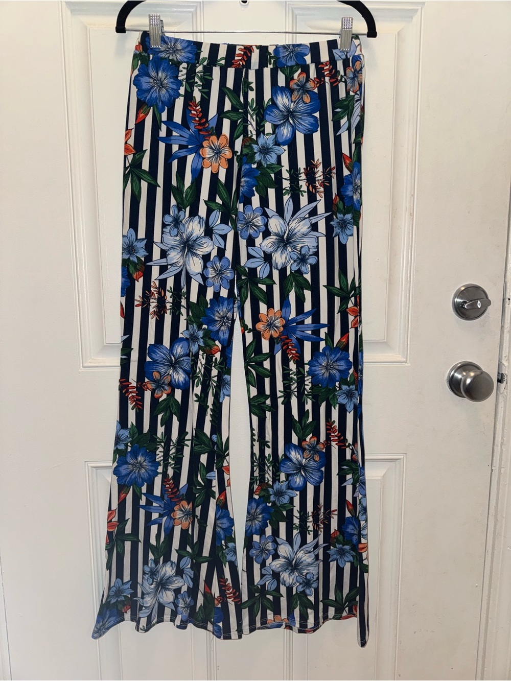 Rainbow Blue Floral & Black-White Stripe Wide-Leg Pants 0451